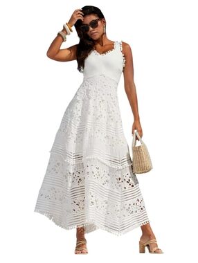 NWOT Boston Proper Mixed Media Lace Pom Pom White Maxi Dress XS